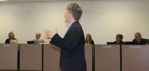 South Whidbey School District Superintendent Jo Moccia addresses the school board about public records and a new policy of identifying requestors at Wednesday’s regular meeting.