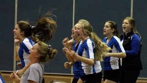South Whidbey’s volleyball team celebrates a point against Cedar Park Christian during the District 1 match Wednesday in Bothell.