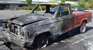 A truck sits charred by a fire July 5 at Ken’s Korner.