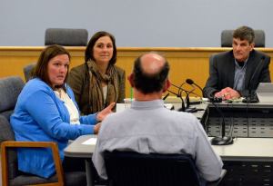 Island County Commissioner Jill Johnson addresses Port of South Whidbey Commissioner Curt Gordon and the rest of the board (not pictured) Wednesday at a meeting in Coupeville. The meeting saw presentations by both the port and the Whidbey Island Fair Association on potential futures for the fairgrounds in Langley. Island County commissioners Helen Price Johnson and Rick Hannold are pictured in the background.