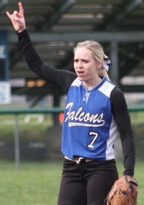 Chantel Brown tells her teammates they have two outs in a game against Coupeville.