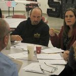 Evan Thompson / The Record                                Langley Middle School physical education teacher Eric Jokinen discusses his concerns with the scenarios proposed by the South Whidbey School District.