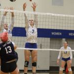 Evan Thompson / The Record South Whidbey&rsquo;s Sarah Hodson (left) and Megan Miller (#7) defend a kill by Sultan in a Oct. 24 home match. The Falcons advanced to the Class 1A state volleyball championships after winning twice at the Bi-District tournament Saturday.