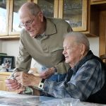 Evan Thompson / The Record                                Merle &ldquo;Milo&rdquo; Milfs (left) and George Clark (right), both, World War II veterans, gathered in Clark&rsquo;s home in Freeland to discuss their service and experiences.
