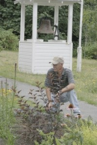 Bayview Corner facilities manager Rob Bangert checks the rain garden he's been watching over since the Bayview School's year ended in June. A timer drip system keeps the plants alive on hot days.