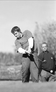 Jeff Strong tees off Thursday to start play during the Falcons' 292-304 12-hole victory over Oak Harbor at Useless Bay Country Club. Strong finished second with a 55 behind Shane Wells