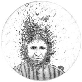Cribbs etched rendering entitled "Buzz McCain" shows the scientific-like precision with which the artist combines the botanical world with her imagined menagerie of uncommon creatures.