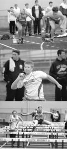 Top: Zach Taylor gets it moving fast in the 100-meter dash in Thursday's jamboree meet at South Whidbey High School. Taylor finished fourth in a field loaded with Falcons -- South Whidbey took three of the top four places in the event. Middle: Freshman Todd Berry shows perfect form as he tosses for just over 32 feet. Bottom: Suzi Crouchon and Becky Gabelein air it out in the girls 100-meter intermediate hurdles Thursday.