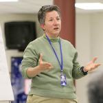 Evan Thompson / The Record                                Superintendent Jo Moccia speaks at South Whidbey School District&rsquo;s community meeting on Wednesday night at South Whidbey High School.
