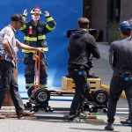 An Alaska Airlines commercial was shot on three Whidbey Island locations, including next to the Coupeville High School gym in late June. The building&rsquo;s brick wall was supposed to resemble a fire department. Photo by Ron Newberry/Whidbey News-Times