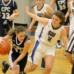 Evan Thompson / The Record                                South Whidbey senior Megan Drake attempts to stop a Cedar Park Christian attack on Jan. 10 at Erickson Gymnasium. Drake scored 15 points in the 48-44 loss.