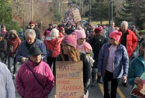 Evan Thompson / The Record &mdash; Between 1,200 and 1,300 people participated in the Women&rsquo;s March, Langley, Washington protest on Saturday in Langley. Protestors defended women&rsquo;s rights, civil rights, LGBQT rights, supported inclusion and compassion for others and oppose Trump&rsquo;s rhetoric during his campaign.