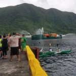 Contributed photo &mdash; The MV Manu&rsquo;atele used the fire hoses as it entered Pago Pago Harbor in American Samoa.