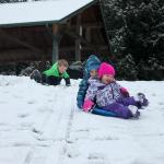 Kyle Jensen / The Record &mdash; Kids grabbed whatever they could from skim boards to trash lids to speed downhill. Left to right: Axton Mozer, 4, Wesley Samuelson, 4, and Summer Mozer, 2.