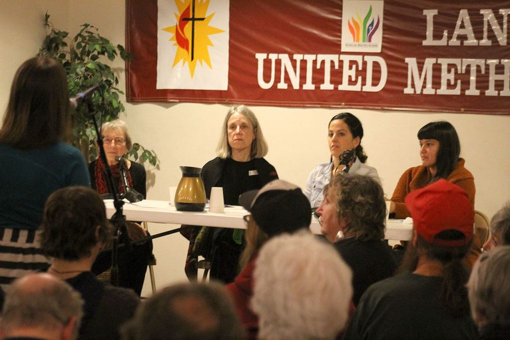 Evan Thompson / The Record &mdash; Four panelists led the community sanctuary city meeting on Thursday night at the Langley United Methodist Church. From left to right: Mary Kay Barbieri, Rev. Mary Boyd, Emily Gaggia and Rose Homme.