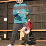 Kyle Jensen / The Record &mdash; Sixth grader Caelan Boyd balances on a rolla bolla while juggling a diabolo simultaneously.