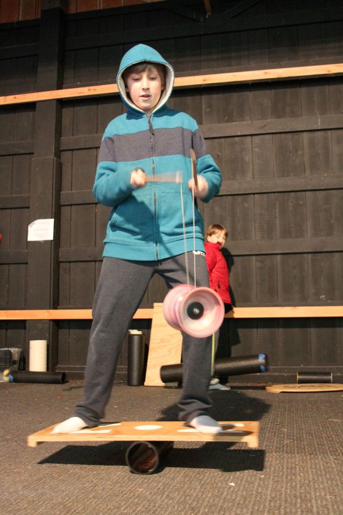 Kyle Jensen / The Record &mdash; Sixth grader Caelan Boyd balances on a rolla bolla while juggling a diabolo simultaneously.
