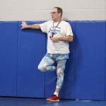 Evan Thompson / The Record &mdash; Staying true to his promise if any South Whidbey wrestlers reached the state tournament, Falcon head wrestling coach Jim Thompson wore kids sized shorts and blue spandex with leprechauns and rainbows that the team purchased at a thrift shop in Yakima to practice on Monday afternoon.