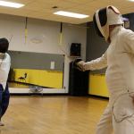 Kyle Jensen / The Record &mdash; Tearse (left) and Kleinman (right) prepare to duel in the exercise room of Island Athletic Club in Freeland. They two are aiming to start a fencing club on South Whidbey.