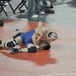 Meslissa Newman photo &mdash; South Whidbey senior wrestler Hunter Newman attempts to pin Royal&rsquo;s Regan Callahan in the elimination round of the 138-pound bracket at the class 1A state championships on Feb. 17. Newman, however, was not awarded a takedown as he was deemed out of bounds by a referee.