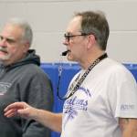 Evan Thompson / The Record &mdash; South Whidbey head wrestling coach Jim Thompson, right, has retired from the program. His assistant coach Paul Newman, left, is also contemplating retirement. The pair have spent the past 10 years molding teenagers into young men in the mat room and in competition.