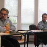 Kyle Jensen / The Record &mdash; Freeland Water and Sewer District Commissioners John Brunke (left) and Lou Malzone (right) listen to district manager Andy Campbell&rsquo;s input while debating whether or not to shelf the Freeland sewer project.