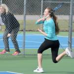 Evan Thompson / The Record &mdash; South Whidbey girls tennis sophomore Mary Zisette returns a volley from her teammate at a recent practice on one South Whidbey High School&rsquo;s tennis courts.