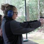 Kyle Jensen / The Record &mdash; Bayview resident Kelly Cammermeyer aims at her target at Holmes Harbor Rod and Gun Club. Cammermeyer said she takes pistol courses in case she ever felt comfortable having a weapon at home.