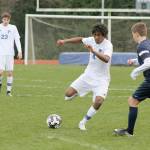 Evan Thompson / The Record &mdash; South Whidbey senior Justin Gonzales maneuvers around a Cedar Park Christian defender on Monday night at Waterman&rsquo;s Field. The Falcons won 10-0.