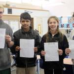 Evan Thompson / The Record &mdash; Langley Middle School students in Jack Terhar&rsquo;s current events class took part in a class project and letter writing campaign to advocate that Dick&rsquo;s Drive-In build their newest restaurant on South Whidbey. From left to right: Jacob Freels, Maalik Heino, Kaia Swegler Richmond and Felicity Watson.