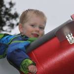 Wyatt Brazelton prepares to go on a ride around the roller coaster track Wednesday, March 1, 2017 in his Oak Harbor backyard. Photo by Ron Newberry/Whidbey News-Times
