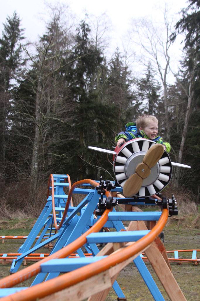 Wyatt Brazelton goes for a ride on his backyard roller coaster Wednesday, March 1, 2017 in Oak Harbor. Photo by Ron Newberry/Whidbey News-Times