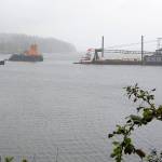 Justin Burnett / The Record &mdash; The vessel was launched with the help of &ldquo;the general,&rdquo; an 800-ton crane that helps pull the tugboat from a barge.
