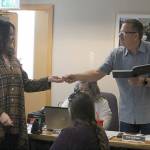 Evan Thompson / The Record &mdash; Langley Mayor Tim Callison presented Michaleen McGarry, executive director for the Langley Chamber of Commerce, with a Mayor&rsquo;s Excellence Award pin at Monday night&rsquo;s Langley City Council meeting.