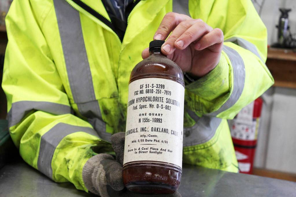 Photo by Patricia Guthrie/Whidbey News-Times                                Extremely dangerous chemicals used on farms in the past still show up, says Gene Clark, Island County recycling and hazardous waste coordinator.