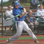 Matt Simms photo &mdash; South Whidbey senior Austin Sterba swings at an incoming pitch during the Falcons&rsquo; bi-district playoff game against Lynden Christian on Saturday. The Falcons lost 9-6.