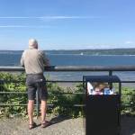 Contributed photo &mdash; An unidentified man looks across Saratoga Passage while standing next to an overflowing trash bin near Boy and Dog Park on Monday. Excess trash was the source of a headache for one business owner, while the public works department said it dropped the ball on ensuring the trash was clean.