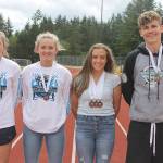 Evan Thompson / The Record &mdash; Four South Whidbey track and field athletes placed in the top eight at the class 1A state championships on May 25 and 27 at Eastern Washington University in Cheney. From left to right: Bailey Forsyth, Emma Barker, Sophia Nielsen and Romey Rohde.