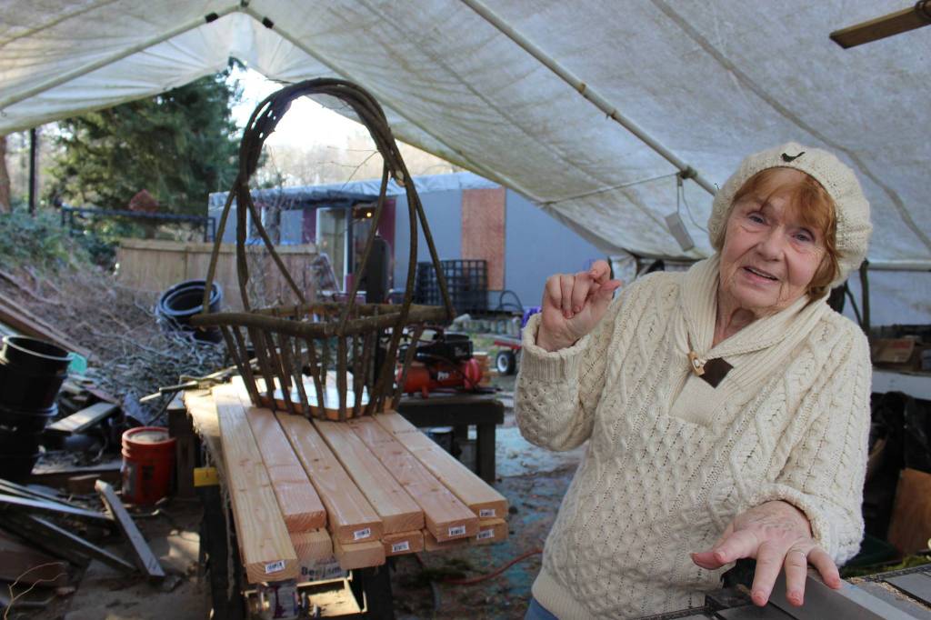 Vanca Lumsden, 74, a Freeland artist who makes baskets and chairs from willow branches and old wood, says of aging on Whidbey Island: &ldquo;You have a laid-back lifestyle, but you aren&rsquo;t so far out of touch [that] you stagnate.&rdquo; Photo by Patricia Guthrie/South Whidbey Record