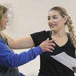 Matt Simms photo &mdash; South Whidbey volleyball coach Mandy Jones (left) shared her thoughts on Kacie Hanson&rsquo;s career at the Wall of Fame ceremony on June 13.