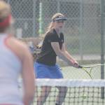 Evan Thompson / The Record &mdash; Bayley Gochanour prepares to return a volley during a match in the 2017 season. Gochanour will play tennis for Pacific Lutheran University.