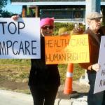 Oak Harbor resident Jane Janehning, left, and Clinton resident Malcolm Cummings protest the coming of Trumpcare as part of a protest vigil Tuesday in Coupeville. Photo by Daniel Warn/Whidbey News Group                                Daniel Warn / Whidbey News Group &mdash; Oak Harbor resident Jane Janehning, left, and Clinton resident Malcolm Cummings protest the coming of Trumpcare as part of a protest vigil Tuesday in Coupeville.