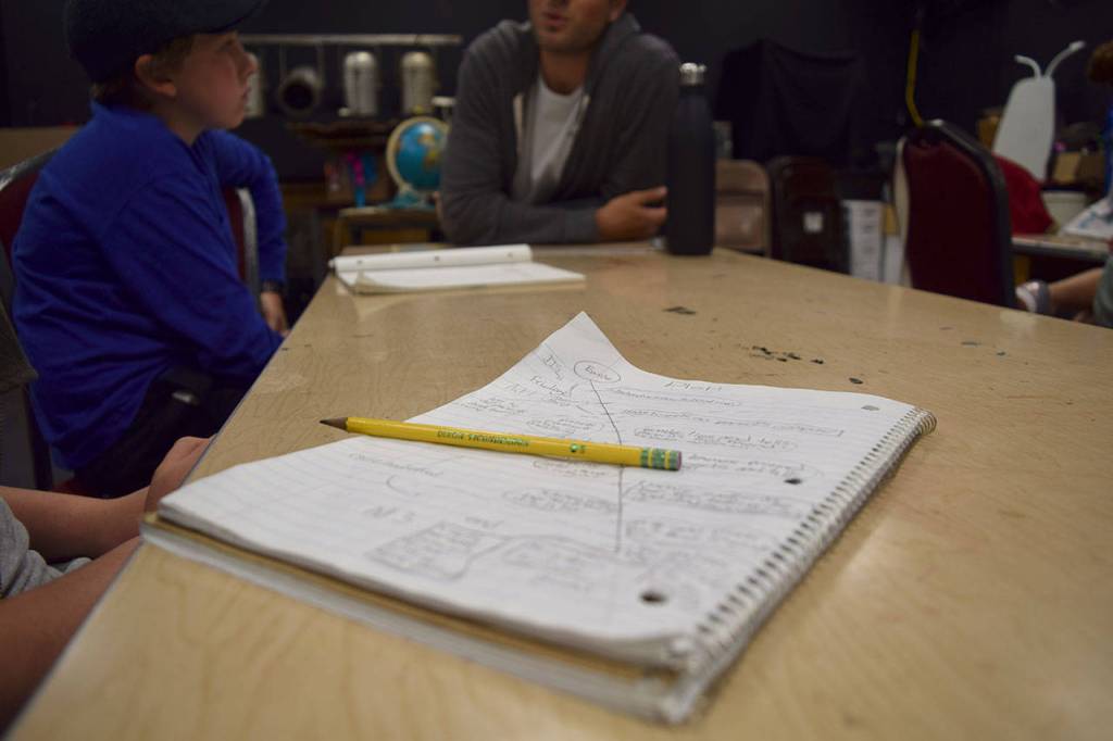 Kyle Jensen / The Record &mdash; Molbak has his students write an outline during the screenwriting session.