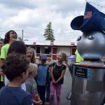 Kyle Jensen / The Record &mdash; Seamore, a talking robot who hangs around the main entrance, jokes around with curious kids.
