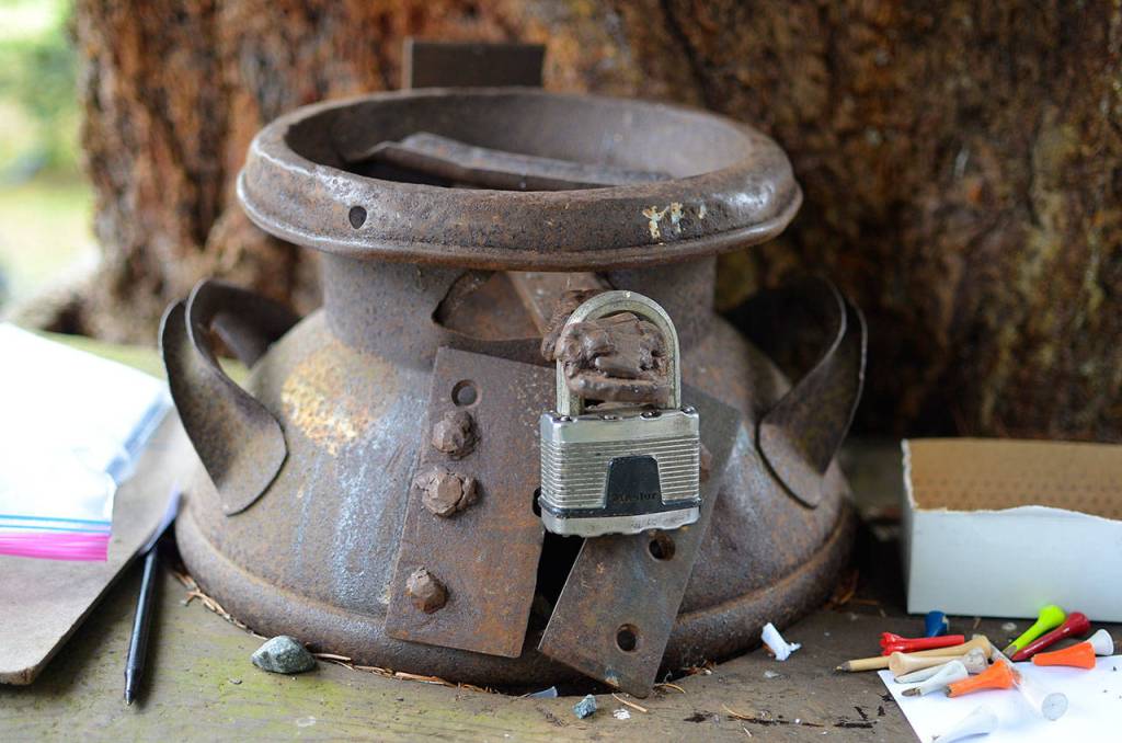 Justin Burnett/The Record &mdash; The former lock-box at the golf course is patched from previous break-ins.