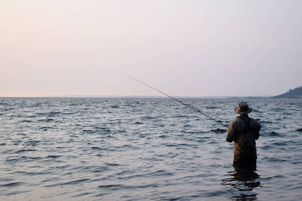Kyle Jensen / The Record &mdash; An angler wades out to his hips to cast his line further into Puget Sound.