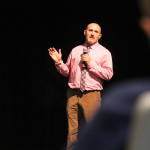 Evan Thompson / The Record &mdash; South Whidbey Middle School Principal James Swanson provided general information for those who attended an informational meeting for grades 5-8 on Thursday night at South Whidbey High School.