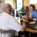 South Whidbey resident Cathy Whitmire and Oak Harbor City Councilman Jim Campbell discuss the new Civility First group at coffee Thursday morning.