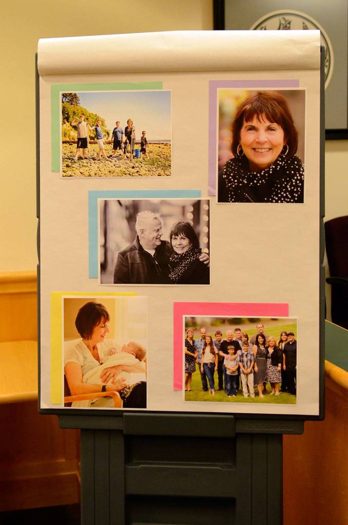 Justin Burnett/The Record &mdash; A poster board with pictures of Diane Sturlaugson and her family was exhibited in Island County Superior Court on Friday during the sentencing of Jeffrey Lewellen. He was driving drunk and high earlier this year and struck and killed Sturlaugson in his car.