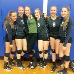 Evan Thompson / The Record &mdash; South Whidbey volleyball&rsquo;s senior class pose for a photo following the Falcons&rsquo; 3-0 victory over Cedarcrest on Monday night. From left to right: Sophia Nielsen, Courtney Todd, Megan Miller, Bailey Todd, Kolby Heggenes and Rebekah Merrow.